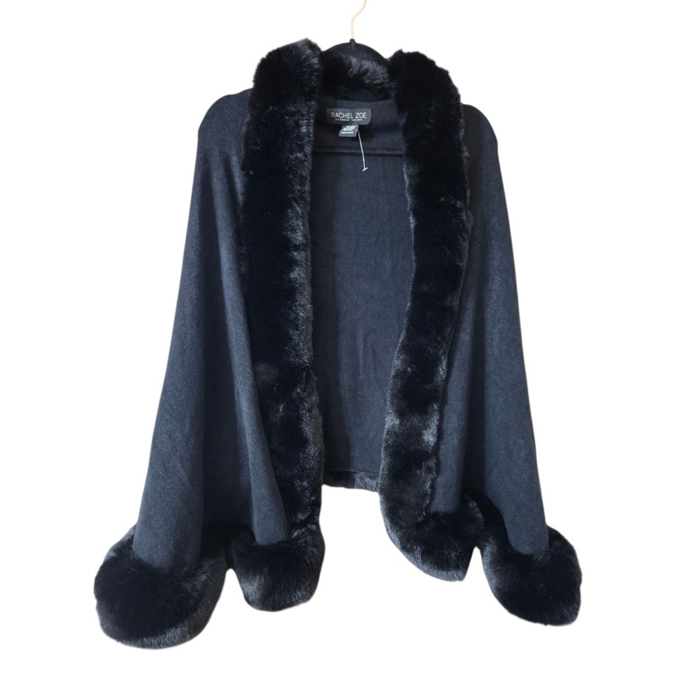Rachel Zoe Black Mink-Soft Faux Fur-Trimmed Knit Shawl OS One Size NWOT